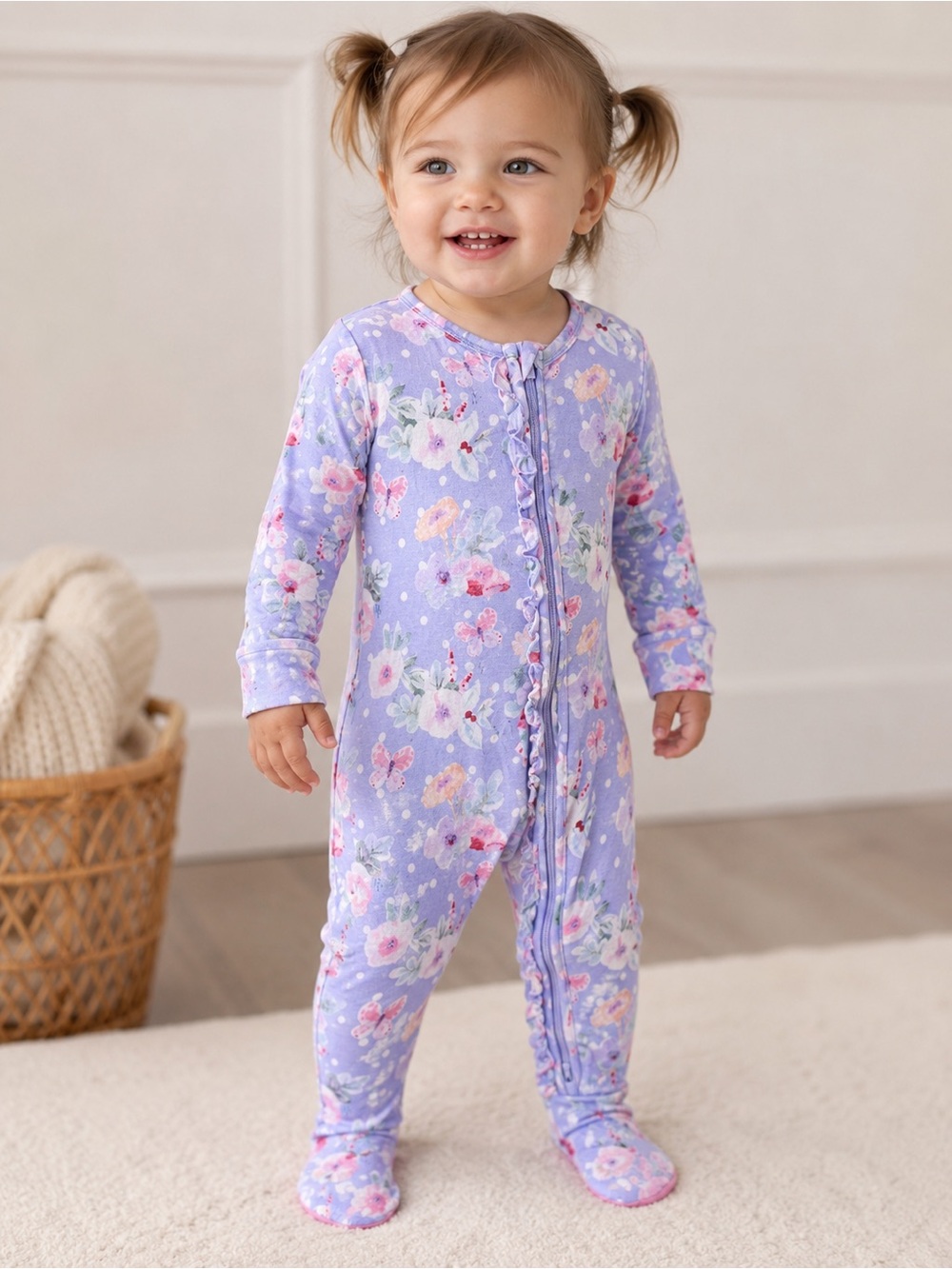 Posh Peanut Floral Ruffle Footie Pajama Sleeper 18-24 Months bamboo boho